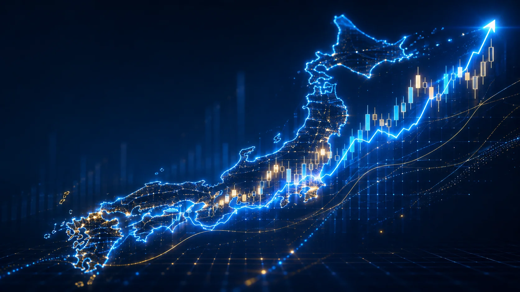 日本市場と株価予想を表す日本地図と上昇チャート