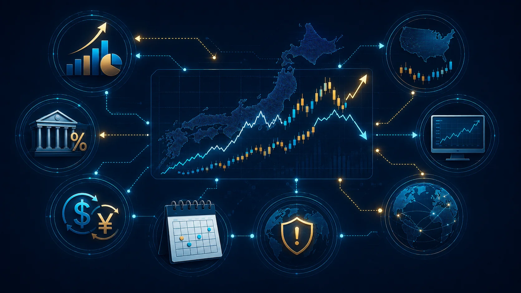 日経平均に影響する市場要因を表した金融ビジュアル